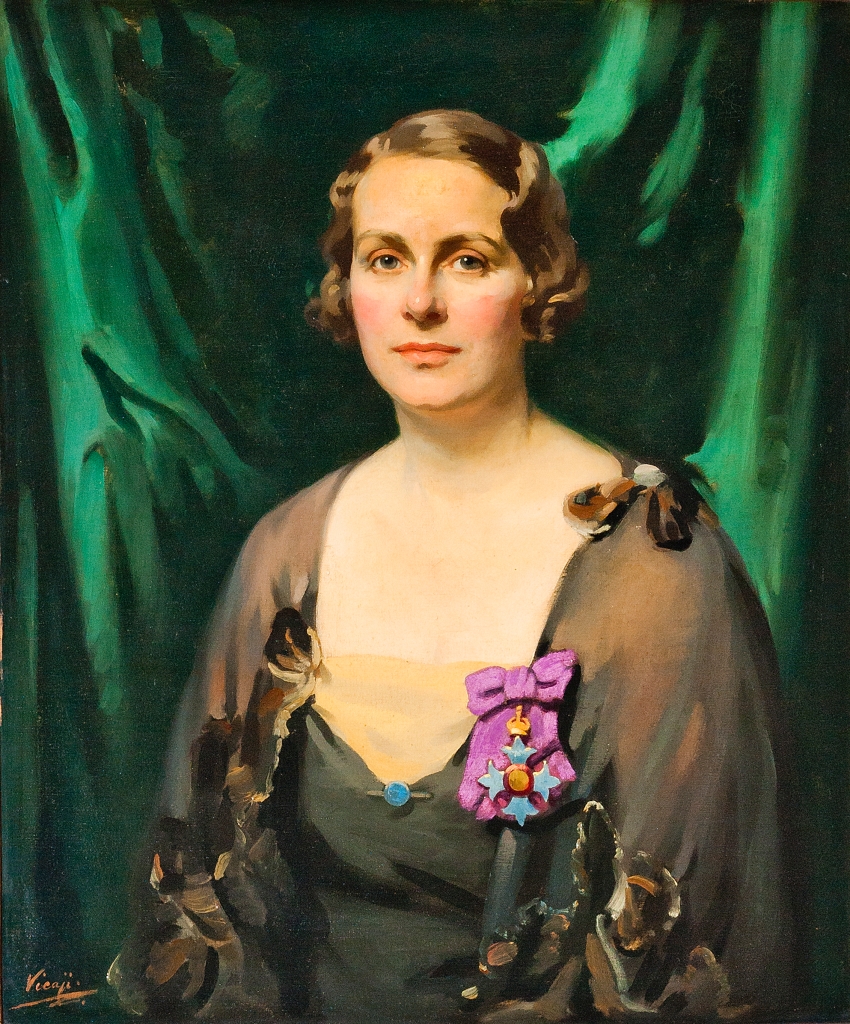Colour oil painting of woman in brown dress on a green background