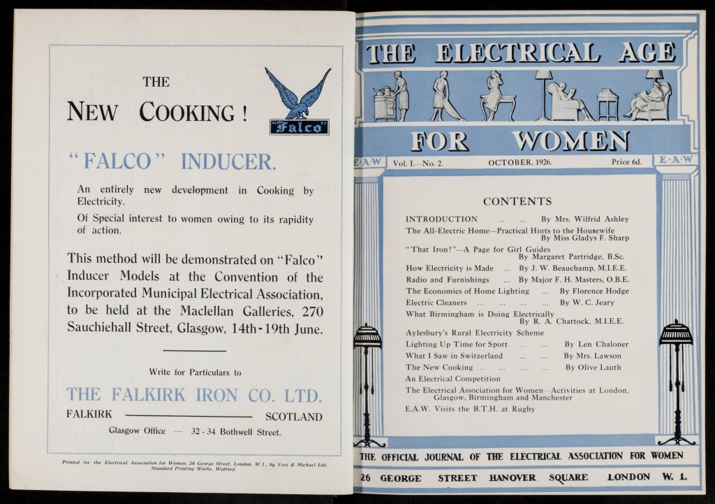 Contents page of journal with advertisement for Falco electric cooker on left