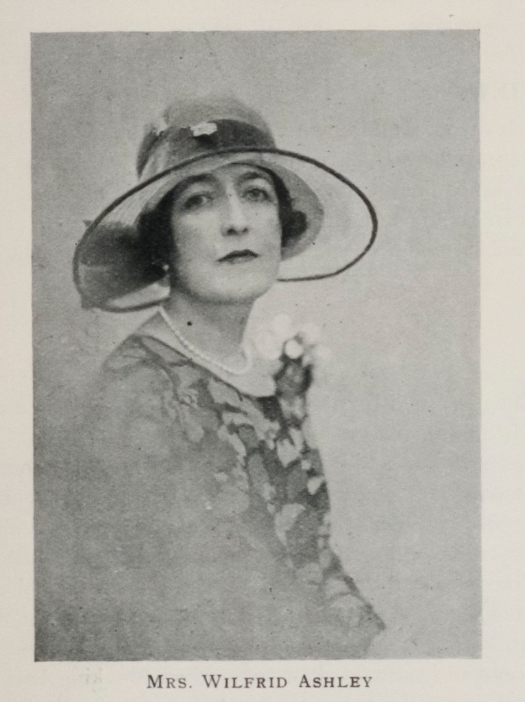 Black and white photograph of Mrs Wilfrid Ashley in patterned dress and hat