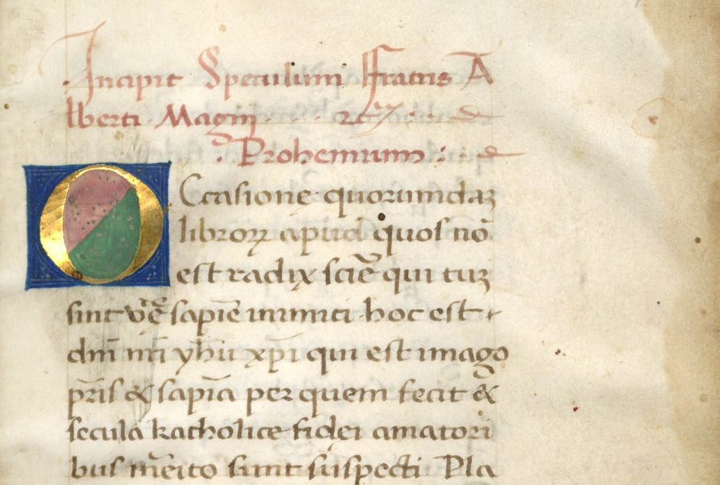 Extract from medieval manuscript with illuminated capital O and red incipit